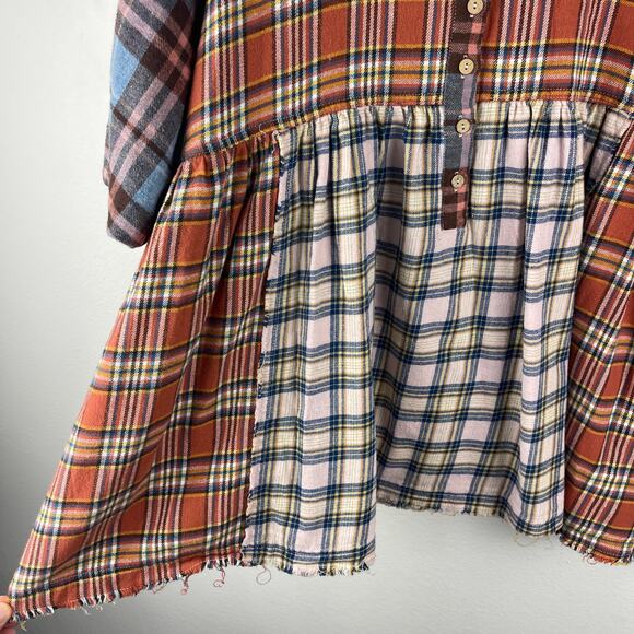 Oli & Hali Mixed Plaid Patchwork Flannel Tunic Henley Top Women's Large Boho - Picture 5 of 9